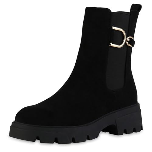 VAN HILL Damen Klassische Stiefeletten Blockabsatz Profilsohle Trendy Schuhe 216361 Schwarz Velours 41 von VAN HILL