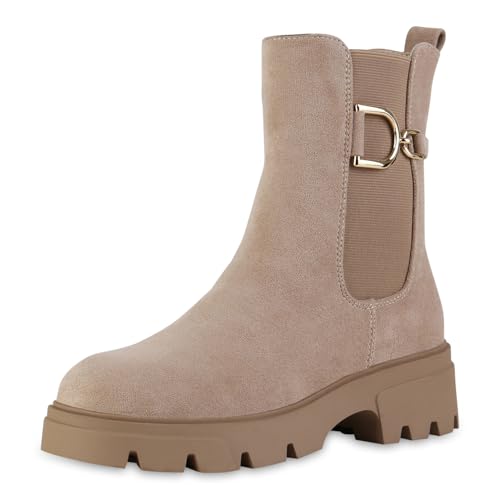 VAN HILL Damen Klassische Stiefeletten Blockabsatz Profilsohle Trendy Schuhe 216362 Khaki Velours 36 von VAN HILL