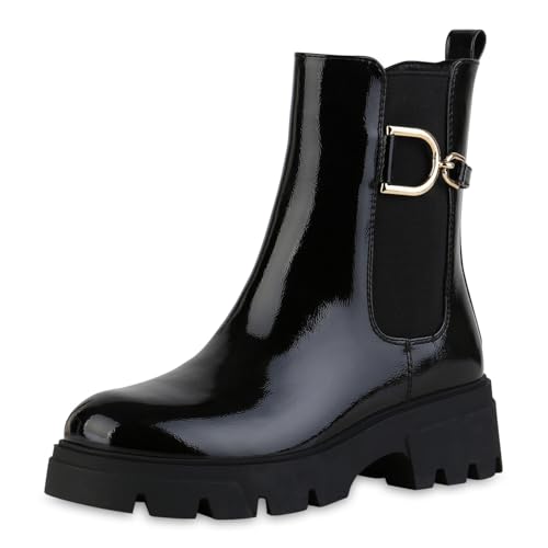 VAN HILL Damen Klassische Stiefeletten Blockabsatz Profilsohle Trendy Schuhe 216363 Schwarz Lack 40 von VAN HILL