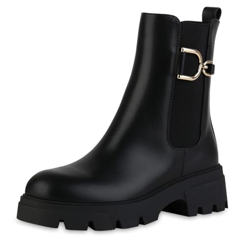 VAN HILL Damen Klassische Stiefeletten Blockabsatz Profilsohle Trendy Schuhe 216365 Schwarz PU 36 von VAN HILL