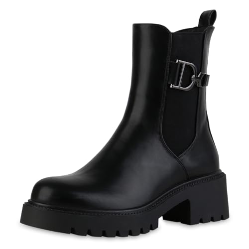 VAN HILL Damen Klassische Stiefeletten Blockabsatz Profilsohle Trendy Schuhe 216431 Schwarz 37 von VAN HILL