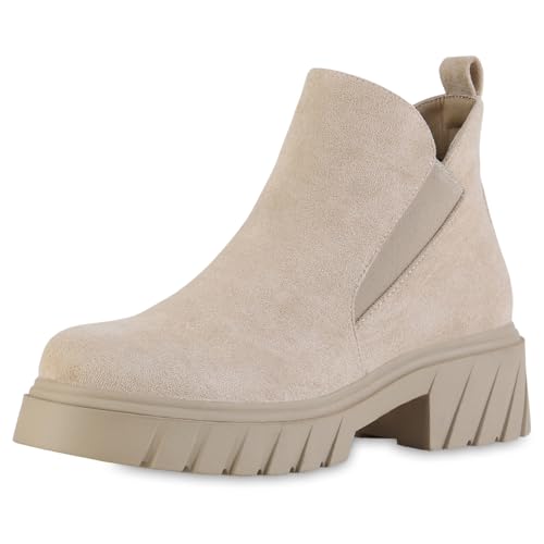 VAN HILL Damen Klassische Stiefeletten Blockabsatz Profilsohle Trendy Schuhe 217676 Beige 39 von VAN HILL