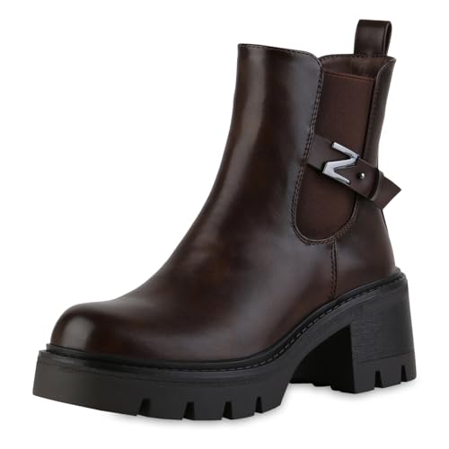 VAN HILL Damen Klassische Stiefeletten Blockabsatz Profilsohle Trendy Schuhe 217697 Braun 41 von VAN HILL
