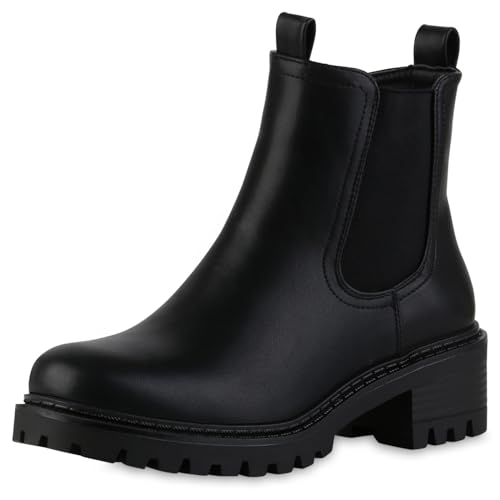 VAN HILL Damen Klassische Stiefeletten Blockabsatz Profilsohle Trendy Schuhe 217740 Schwarz 41 von VAN HILL