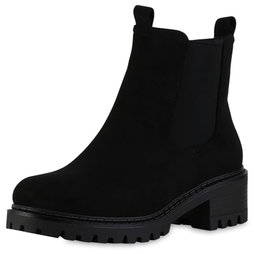 VAN HILL Damen Klassische Stiefeletten Blockabsatz Profilsohle Trendy Schuhe 217744 Schwarz Velours 41 von VAN HILL