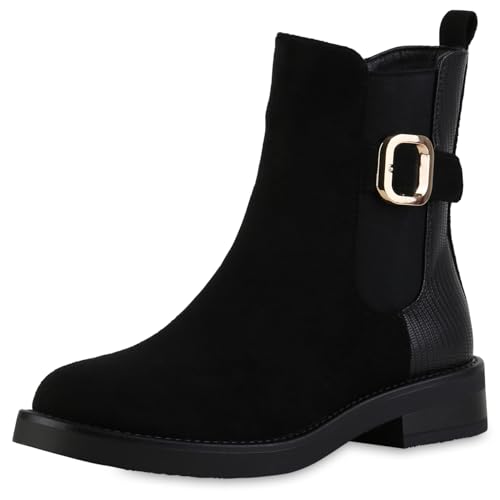 VAN HILL Damen Klassische Stiefeletten Blockabsatz Schnallen Trendy Schuhe 217694 Schwarz Velours 41 von VAN HILL