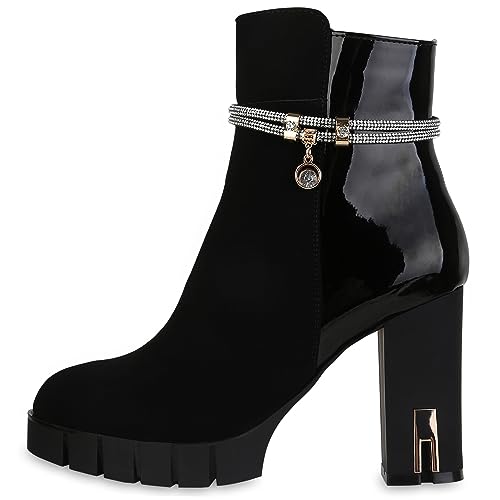 VAN HILL Damen Klassische Stiefeletten Blockabsatz Strass Trendy Schuhe 212999 Schwarz Lack 40 von VAN HILL
