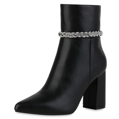 VAN HILL Damen Klassische Stiefeletten Blockabsatz Strass Trendy Schuhe 215953 Schwarz 39 von VAN HILL