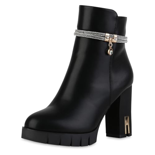 VAN HILL Damen Klassische Stiefeletten Blockabsatz Strass Trendy Schuhe 215958 Schwarz PU 38 von VAN HILL