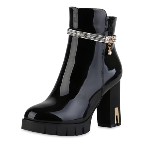 VAN HILL Damen Klassische Stiefeletten Blockabsatz Strass Trendy Schuhe 215959 Schwarz PU Lack 40 von VAN HILL