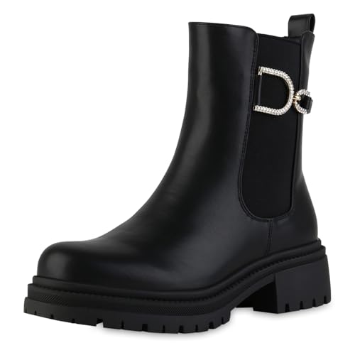 VAN HILL Damen Klassische Stiefeletten Blockabsatz Strass Trendy Schuhe 217570 Schwarz 39 von VAN HILL