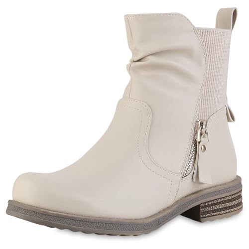 VAN HILL Damen Klassische Stiefeletten Blockabsatz Strick Trendy Schuhe 217562 Beige 39 von VAN HILL