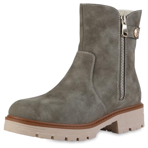 VAN HILL Damen Klassische Stiefeletten Blockabsatz Zipper Trendy Schuhe 216360 Grau 40 von VAN HILL