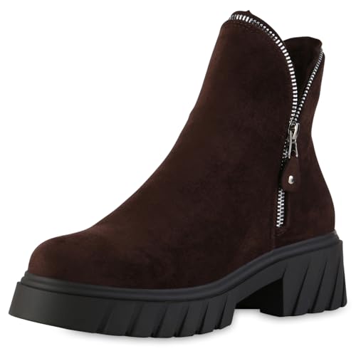 VAN HILL Damen Klassische Stiefeletten Blockabsatz Zipper Trendy Schuhe 217667 Braun 39 von VAN HILL