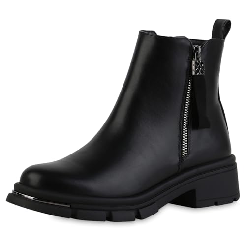 VAN HILL Damen Klassische Stiefeletten Blockabsatz Zipper Trendy Schuhe 217677 Schwarz 36 von VAN HILL