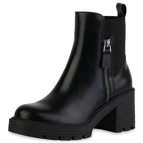 VAN HILL Damen Klassische Stiefeletten Blockabsatz Zipper Trendy Schuhe 840489 212946 Schwarz 36 von VAN HILL