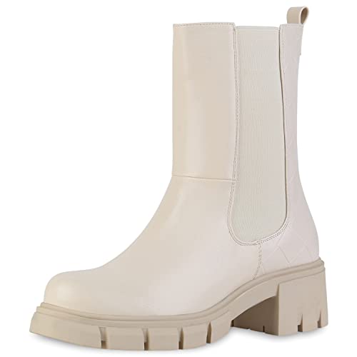 VAN HILL Damen Klassische Stiefeletten Leicht Gefüttert Schuhe Blockabsatz Stiefel Profilsohle Booties Freizeitstiefeletten Boots 208644 Beige 39 von VAN HILL