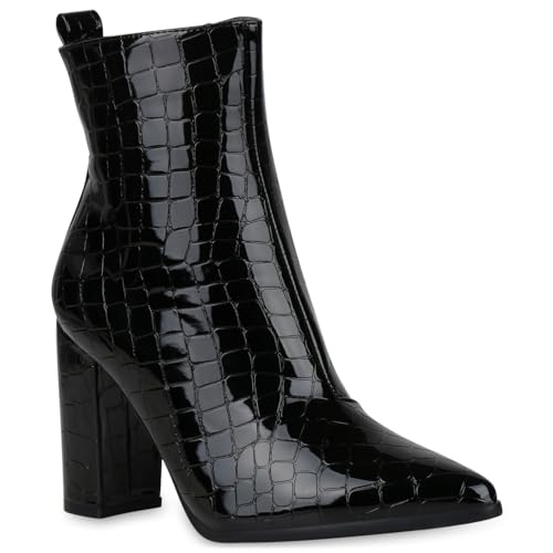 VAN HILL Damen Klassische Stiefeletten Leicht Gefütterte High Heels Spitze Boots Absatzschuhe Snake Print Schuhe 195789 Schwarz Kroko Lack 37 von VAN HILL