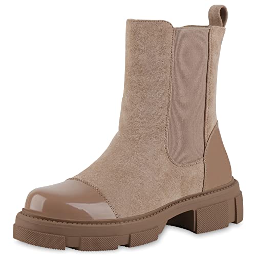 VAN HILL Damen Klassische Stiefeletten Plateau Vorne Schuhe Freizeit Profilsohle Boots Stiefel Blockabsatz Lack Booties 209000 Schlamm Lack Velours 38 von VAN HILL