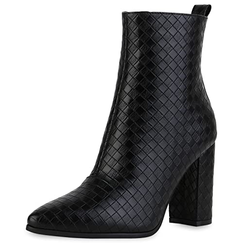 VAN HILL Damen Klassische Stiefeletten Prints Schuhe Blockabsatz Freizeit Booties Spitze Leder-Optik Absatzschuhe 212235 Schwarz Muster 41 von VAN HILL