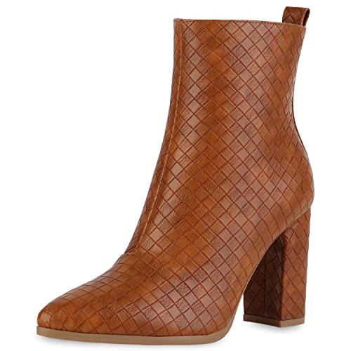 VAN HILL Damen Klassische Stiefeletten Prints Schuhe Blockabsatz Freizeit Booties Spitze Leder-Optik Absatzschuhe 212237 Hellbraun Muster 37 von VAN HILL