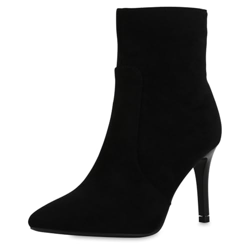 VAN HILL Damen Klassische Stiefeletten Stiletto Basic Trendy Schuhe 217702 Schwarz Velours 36 von VAN HILL