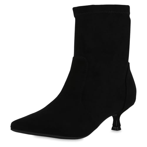 VAN HILL Damen Klassische Stiefeletten Stiletto Basic Trendy Schuhe 217716 Schwarz Velours 39 von VAN HILL