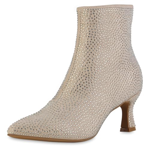 VAN HILL Damen Klassische Stiefeletten Stiletto Strass Party Schuhe 214281 Beige Velours 38 von VAN HILL