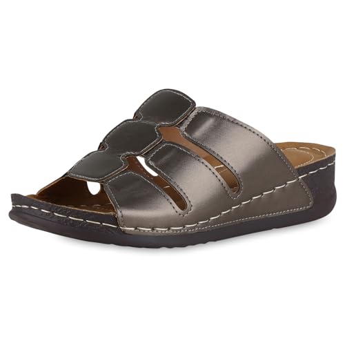 VAN HILL Damen Komfort Sandalen Keilabsatz Cut-Outs Bequem Schuhe 214817 Grau Metallic 41 von VAN HILL