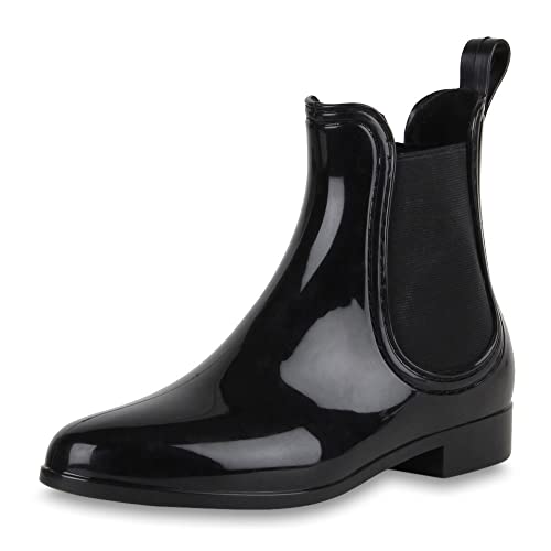 VAN HILL Damen Lack Stiefeletten Gummistiefel Chelsea Boots Schuhe 47336 Schwarz Nero 39 von VAN HILL