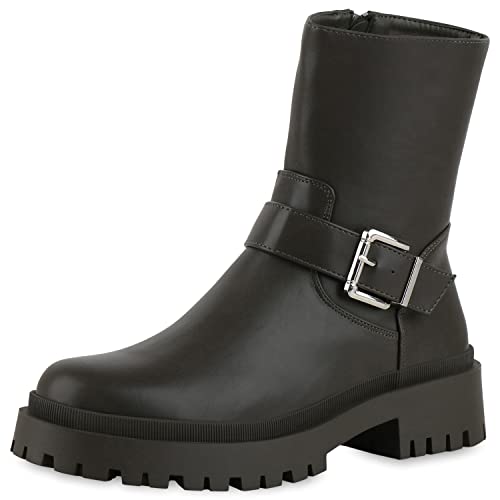 VAN HILL Damen Leicht Gefütterte Biker Boots Stiefeletten Schnallen Schuhe Blockabsatz Plateau Vorne Stiefel Profilsohle Booties 208933 Olivgrün 38 von VAN HILL