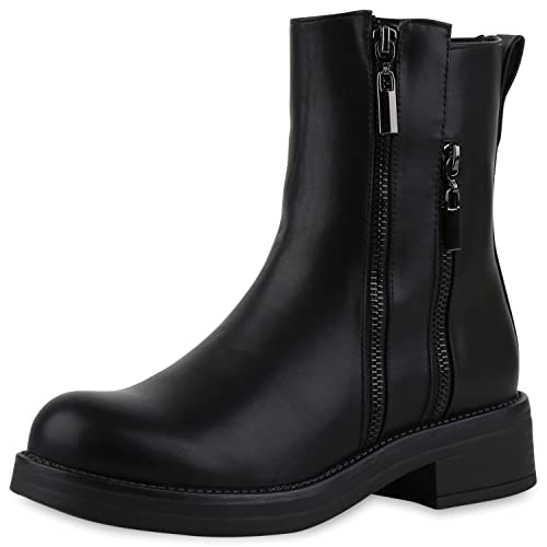 VAN HILL Damen Leicht Gefütterte Biker Boots Zipper Schuhe Blockabsatz Stiefeletten Holzoptikabsatz Stiefel Freizeit Booties 209751 Schwarz 36 von VAN HILL