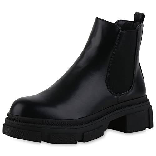 VAN HILL Damen Leicht Gefütterte Chelsea Boots Blockabsatz Stiefeletten Profilsohle Schuhe Plateau Vorne Freizeit Booties 208916 Schwarz 36 von VAN HILL