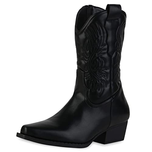 VAN HILL Damen Leicht Gefütterte Cowboy Boots Stiefeletten Stickereien Booties Freizeit Schuhe Spitze Holzoptikabsatz Stiefel 208820 Schwarz 38 von VAN HILL