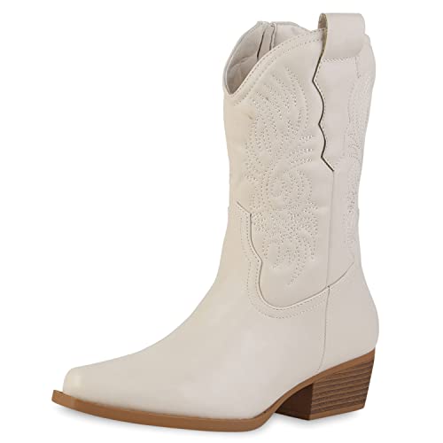 VAN HILL Damen Leicht Gefütterte Cowboy Boots Stiefeletten Stickereien Booties Freizeit Schuhe Spitze Holzoptikabsatz Stiefel 208822 Beige 37 von VAN HILL