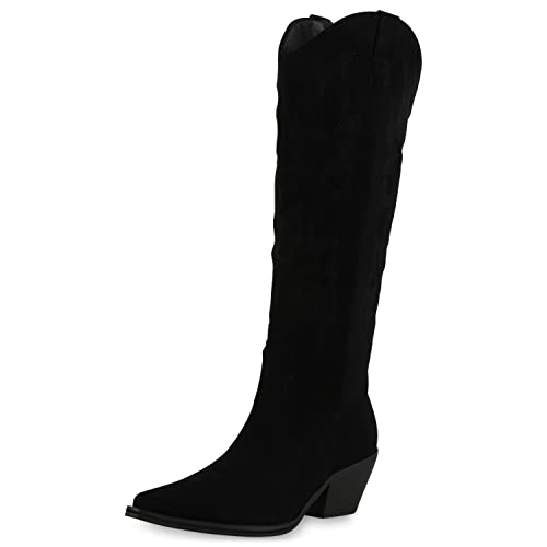 VAN HILL Damen Leicht Gefütterte Cowboystiefel Stickereien Stiefel Spitze Holzoptikabsatz Schuhe Freizeit Booties 209990 Schwarz 38 von VAN HILL