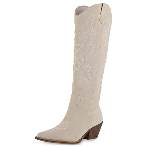 VAN HILL Damen Leicht Gefütterte Cowboystiefel Stickereien Stiefel Spitze Holzoptikabsatz Schuhe Freizeit Booties 209991 Creme 42 von VAN HILL
