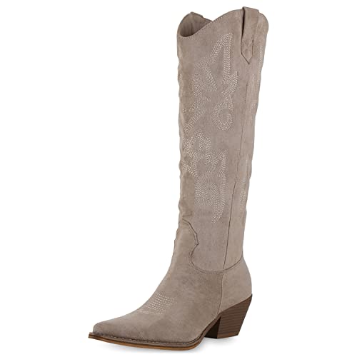 VAN HILL Damen Leicht Gefütterte Cowboystiefel Stickereien Stiefel Spitze Holzoptikabsatz Schuhe Freizeit Booties 209992 Schlamm 38 von VAN HILL