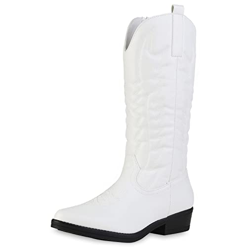 VAN HILL Damen Leicht Gefütterte Cowboystiefel Stiefel Blockabsatz Schuhe Stickereien Boots Spitze Western Freizeitschuhe 207002 Weiss 38 von VAN HILL