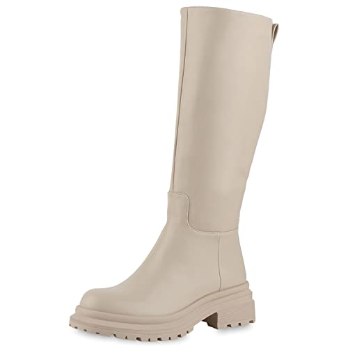 VAN HILL Damen Leicht Gefütterte Klassische Stiefel Blockabsatz Schuhe Profilsohle Freizeit Plateauschuhe Leder-Optik Boots 208939 Beige 39 von VAN HILL