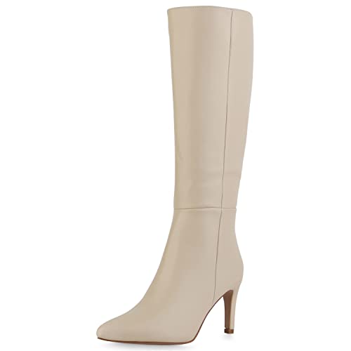 VAN HILL Damen Leicht Gefütterte Klassische Stiefel Spitze Schuhe Stiletto Absatzschuhe Basic Freizeit Boots 210015 Beige 39 von VAN HILL