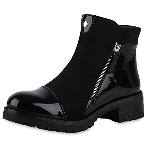 VAN HILL Damen Leicht Gefütterte Klassische Stiefeletten Lack Blockabsatz Schuhe Zipper Booties Profilsohle Freizeitstiefeletten 208911 Schwarz Lack 36 von VAN HILL