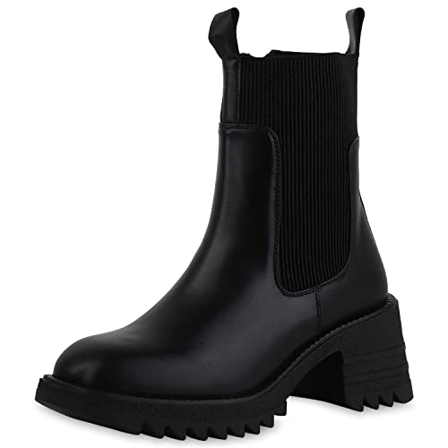VAN HILL Damen Leicht Gefütterte Klassische Stiefeletten Strick Schuhe Blockabsatz Stiefel Profilsohle Booties 209181 Schwarz 36 von VAN HILL