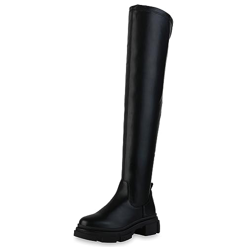 VAN HILL Damen Leicht Gefütterte Overknees Stiefel Blockabsatz Schuhe Plateau Vorne Langschaftstiefel Profilsohle Boots 201837 Schwarz 38 von VAN HILL