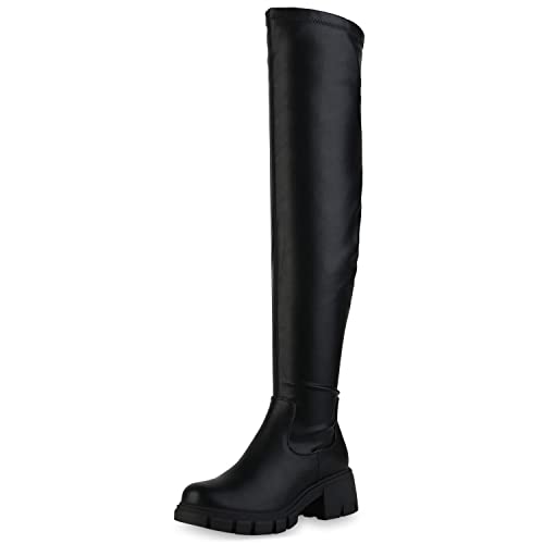 VAN HILL Damen Leicht Gefütterte Overknees Stiefel Blockabsatz Schuhe Plateau Vorne Langschaftstiefel Profilsohle Boots 208775 Schwarz 41 von VAN HILL