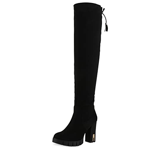 VAN HILL Damen Leicht Gefütterte Overknees Stiefel Blockabsatz Schuhe Profilsohle Langschaftstiefel Freizeit Boots 208908 Schwarz 37 von VAN HILL