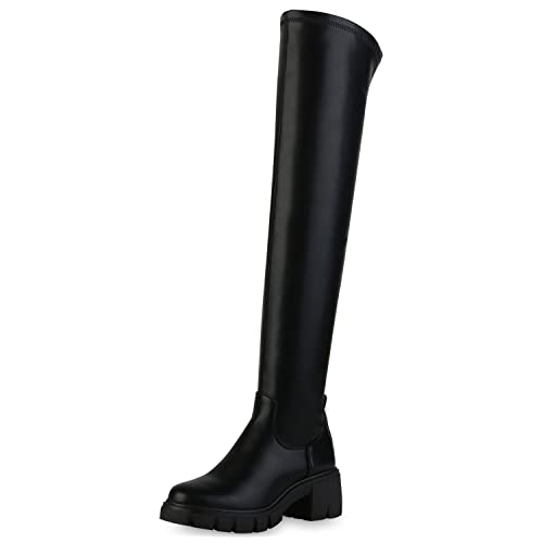 VAN HILL Damen Leicht Gefütterte Overknees Stiefel Blockabsatz Schuhe Profilsohle Langschaftstiefel Plateau Vorne Boots 202408 Schwarz 37 von VAN HILL