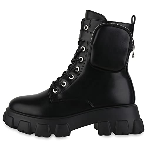 VAN HILL Damen Leicht Gefütterte Plateau Boots Blockabsatz Schuhe Zipper Schnürer Profilsohle Booties Leder-Optik Plateauschuhe 208907 Schwarz 36 von VAN HILL