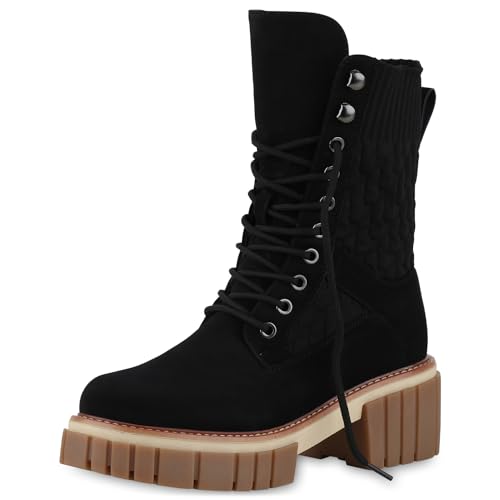 VAN HILL Damen Leicht Gefütterte Plateau Boots Stiefeletten Blockabsatz Schuhe Freizeit Strick Stiefel Profilsohle Plateauschuhe 209179 Schwarz 38 von VAN HILL