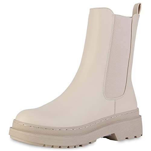 VAN HILL Damen Leicht Gefütterte Plateau Boots Stiefeletten Blockabsatz Schuhe Profilsohle Booties Freizeit Plateauschuhe 208147 Beige 37 von VAN HILL